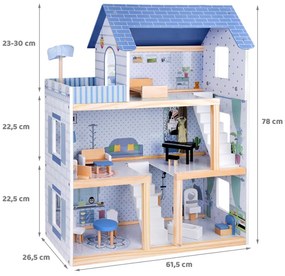 Drevený modrý domček pre bábiky + nábytok+ terasa Jokomisiada ZA5273