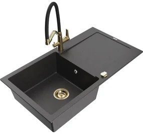 Mexen Leo, 1-komorový granitový drez 900x500x190 mm a drezová batéria Duo, čierna škvrnitá, 6501-76-671701-57-G