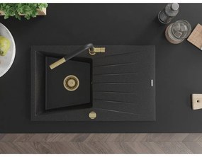 Mexen Cesar, 1-komorový granitový drez 775x470x190 mm a drezová batéria Flora, čierna-strieborná metalíza, 6514-73-670401-57-G