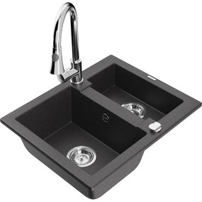 Mexen Carlos, 1,5-komorový granitový drez 582x475x177 mm a drezová batéria Elia, čierna škvrnitá, 6518-76-670101-00