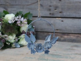 Zinkový antik kovový závesný venček s kvietkami - Ø 10 cm