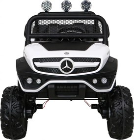 Ramiz Mercedes Benz Unimog pre deti biely + pohon 4x4 + diaľkové ovládanie + nosič batožiny + pomalý štart + MP3 LED
