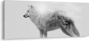 Obraz - Arktický vlk zrkadliaci divokú krajinu, čiernobiely (120x50 cm)