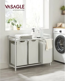 Kôš na bielizeň, 3 priehradky, s poličkou, kovový rám, biely