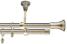 Dekorstudio Stropná mosadzná dvojradová garniža MONACO 19mm Dĺžka: 140cm, Typ uchytenia: Držiak dvojitý modern, Typ príslušenstva: Krúžky tiché so štipcami