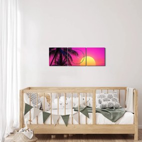 Obraz - Fialový západ s palmou (s hodinami) (90x30 cm)