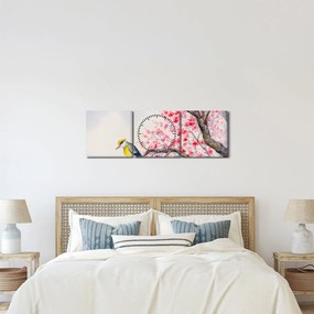 Obraz - Vtáčik na strome s červenými kvetmi (s hodinami) (90x30 cm)