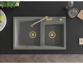 Mexen Tomas, granitový drez 800x500x190 mm, 2-komorový a drezová batéria Carla, šedá, 6516-71-670700-50