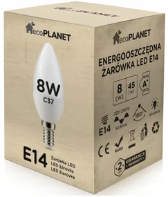 ecoPLANET LED žiarovka E14 sviečka 8W 700lm - teplá biela