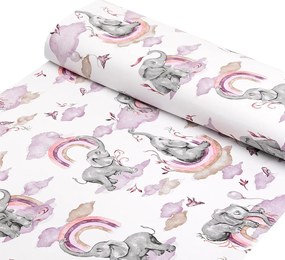 Detská bavlnená látka/plátno Sandra SA-464 Slony s fialovou dúhou na bielom - šírka 160 cm