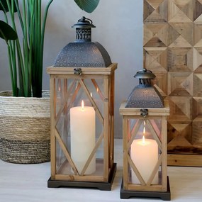 Set 2ks prírodný antik drevený lampáš Frencia - 24*24*67/ 17*17*46 cm