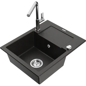 Mexen Enzo, 1-komorový granitový drez 576x465x174 mm a drezová batéria Flora, čierna-zlatá metalíza, 6506-75-670401-00