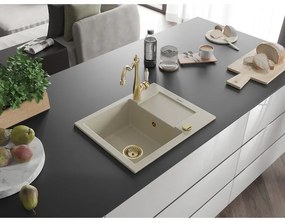 Mexen Enzo, granitový drez 576x465x174 mm, 1-komorový a drezová batéria Carla, béžová, 6506-69-670700-50