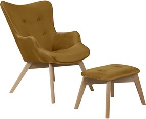 Zamatové kreslo s podnožkou v horčicovej farbe Niko – Ropez