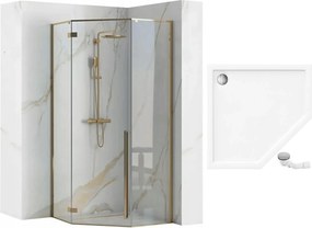 Päťuholníkový sprchový kút REA DIAMOND 90x90 cm, zlatý/transparent + vanička Diamond čierna