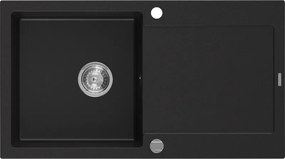 Mexen Leo granitový drez s odkvapkávačom, 1-komorový, 900 x 500 mm, čierny, chrómový sifón - 6501901010-77