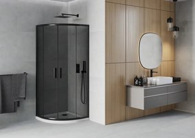 Mexen Rio, štvrťkruhový sprchovací kút s posuvnými dverami 80(dvere) x 80(dvere) x 190 cm, 6mm šedé sklo, čierny profil + biela sprchová vanička SLIM, 863-080-080-70-40-4110B