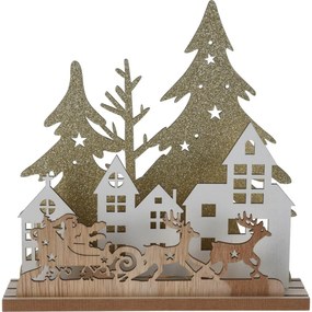 Vianočná stolná LED lampa Domčeky a Santa na saniach, MDF, 19,5 x 4,5 x 19,5 cm