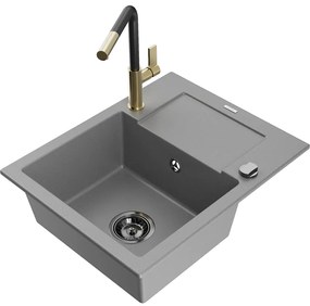 Mexen Enzo, 1-komorový granitový drez 576x465x174 mm a drezová batéria Flora, šedá, 6506-71-670401-57-B