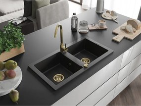 Mexen Mario, granitový drez 820x436x161 mm, 2-komorový, čierna-strieborná metalíza so zlatým sifónom, 6504822000-73-G
