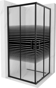 Mexen Rio, štvorcový sprchovací kút s posuvnými dverami 90(dvere) x 90(dvere) x 190 cm, 6mm číre sklo s pásikmi, čierny profil, 860-090-090-70-20