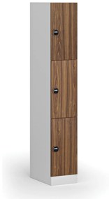 Šatníková skrinka s úložnými boxmi, 3 boxy, 1850 x 300 x 500 mm, zámok s čítačkou RFID kariet, laminované dvere, orech