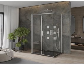 Mexen Omega, 3-stenový sprchovací kút s posuvnými dverami 110 (dvere) x 90 (stena) x 190 cm, 8mm číre sklo, chrómový profil + čierna sprchová vanička SLIM, 825-110-090-01-00-3S-4070