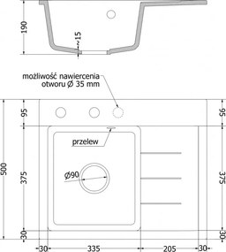 Mexen Ben, 1-komorový granitový drez 600x500x190 mm, ľavý+ chrómový sifón, biela, 6522605000-20