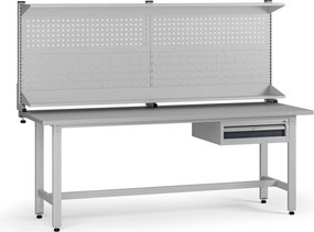 Výškovo nastaviteľný dielenský stôl G5 s nadstavbou, 2100 x 750 x 800-1000 mm, 1x kontajner, 1 zásuvka, grafit