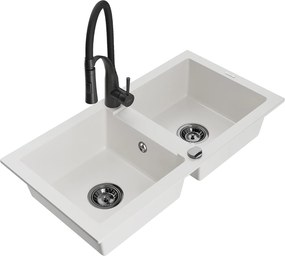 Mexen Mario, granitový drez 820x436x161 mm, 2-komorový a drezová batéria Aster, biela, 6504-20-73450-70-B