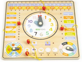 ECOTOYS Drevená edukačná tabuľa - kalendár a hodiny pre deti, dni a mesiace (poľské názvy)
