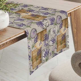 Biante Dekoračný behúň na stôl PML-099 Levandule s motýlikmi a srdiečkami na béžovom 35x160 cm