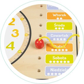 ECOTOYS Drevená edukačná tabuľa - kalendár a hodiny pre deti, dni a mesiace (poľské názvy)