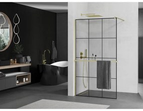 Mexen Kioto+, sprchová zástena Walk-In s poličkou a vešiakom 120 x 200 cm, 8mm číre sklo čierny vzor, zlatý matný profil, 800-120-121-55-77