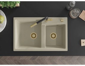 Mexen Tomas, 2-komorový granitový drez 800x500x190 mm a drezová batéria Flora, béžová, 6516-69-670401-57-G