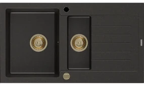 Mexen Matias granitový 1,5-komorový drez s odkvapkávačom 900 x 505 mm, Čierna/Zlatá metalíza, Sifón Zlatá - 6502901505-75-G