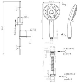 Invena Milos, sprchový stĺp na prísavky 70cm, 3-funkčná sprchová hlavica, chrómová , INV-AU-21-P01-L