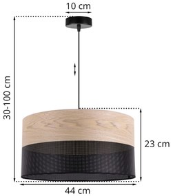 Závesné svietidlo Wood, 1x béžová dubová dýha/čierne PVC tienidlo, (fi 44cm)