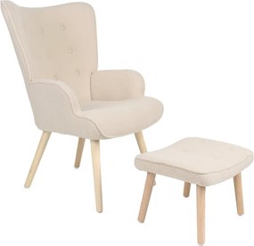 Relaxačné kreslo ušiak ROMEO II + taburet — masívne drevo, látka bouclé, prírodná / krémová