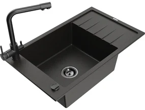 Mexen Elias, 1-komorový granitový drez s odkvapkávačom 795x480x200 mm a čierna batéria Duero, čierna - zlatá metalíza, 6511-75-671600-70-B