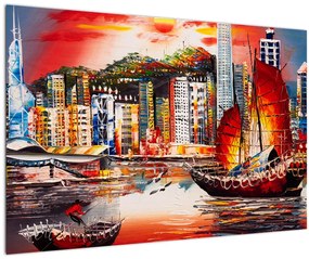 Obrázok - Victoria Harbor, Hong Kong, olejomaľba (90x60 cm)