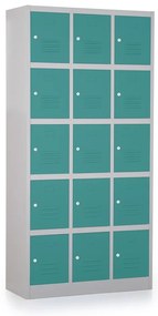 Kovová šatníková skrinka - 15 boxov, 90 x 40 x 185 cm, cylindrický zámok, zelená - ral 6033