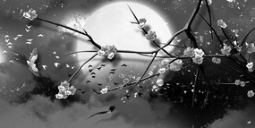 Obraz konáre stromu za splnu mesiaca v čiernobielom prevedení Varianta: 100x50
