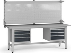 Výškovo nastaviteľný dielenský stôl G5 s nadstavbou, 2100 x 750 x 800-1000 mm, 2x kontajner, 6 zásuviek, grafit