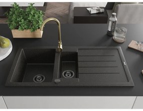 Mexen Andres, granitový kuchynský drez 1,5-komorový s odkvapkávačom 1000x500x200 mm, čierna - zlatá metalíza s čiernym sifónom a zlatá lesklá kuchynská batéria Telma, 6515-75-670200-50-B