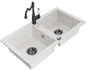 Mexen Mario, granitový drez 820x436x161 mm, 2-komorový a drezová batéria Carla, biela, 6504-20-670700-70