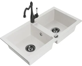 Mexen Mario, granitový drez 820x436x161 mm, 2-komorový a drezová batéria Carla, biela, 6504-20-670700-70