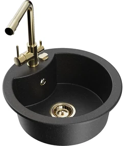 Mexen Diego, 1-komorový granitový drez 488x488x167 mm, zlatá batéria Duero, čierna - strieborná metalíza, 6512-73-671600-50