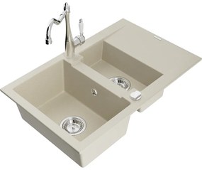 Mexen Gaspar, 1,5-komorový granitový drez 737x475x177 mm a drezová batéria Carla, béžová, 6507-69-670700-00