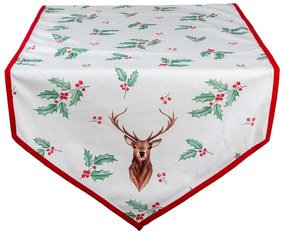 Behúň na stôl Holly Christmas s červeným lemom a jeleňom - ​​50 * 160 cm